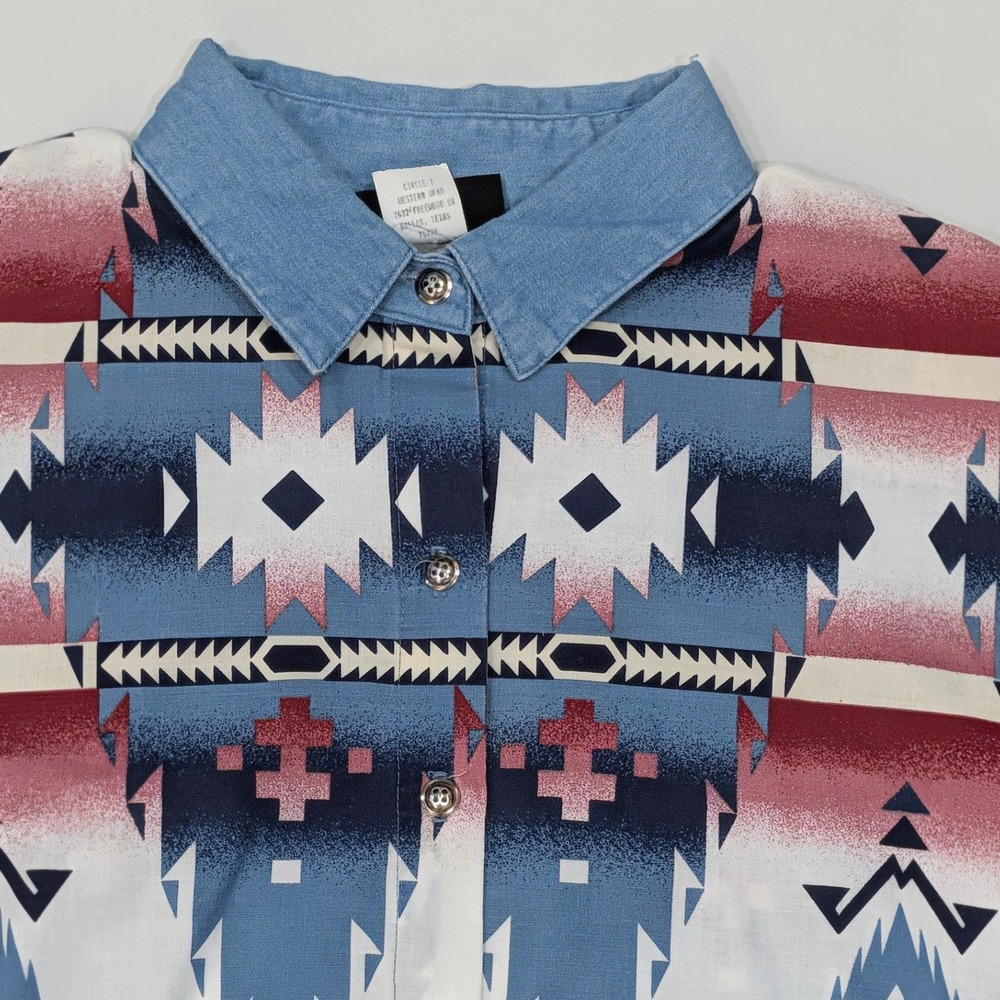 Roughrider by Circle T Vintage Western Shirt Large Red White Blue Aztec Print
